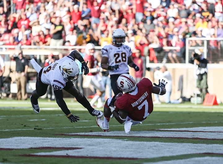 2013StanfordASU-023.JPG - Sept.21, 2013; Stanford, CA, USA; Stanford Cardinal wide receiver Ty Montgomery (7) catches a 30 yard touchdown pass in the second quarter against the Arizona State Sun Devils at  Stanford Stadium. Stanford defeated Arizona State 42-28.