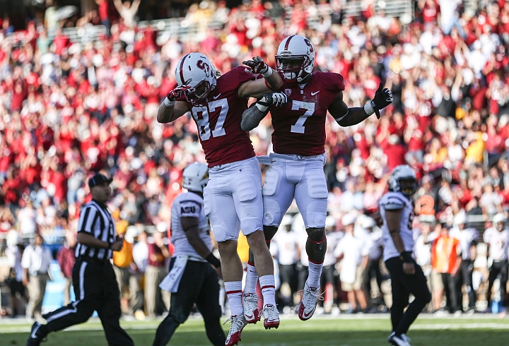 2013StanfordASU-024.JPG - Sept.21, 2013; Stanford, CA, USA; Stanford Cardinal wide receiver Ty Montgomery (7) and Jordan Pratt (87) react after Montgomery catches a 30 yard touchdown pass in the second quarter against the Arizona State Sun Devils at  Stanford Stadium. Stanford defeated Arizona State 42-28.