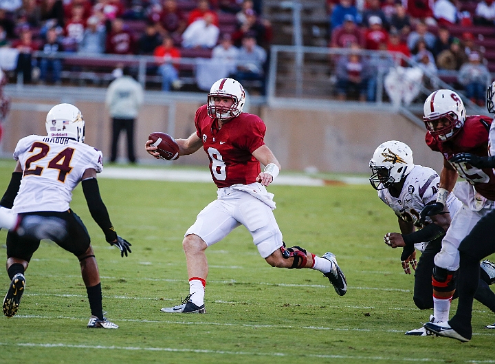 2013StanfordASU-027.JPG - Sept.21, 2013; Stanford, CA, USA; Stanford Cardinal quarterback Kevin Hogan (8) runs during game against the Arizona State Sun Devils at  Stanford Stadium. Stanford defeated Arizona State 42-28.