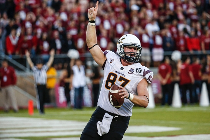 2013StanfordASU-034.JPG - Sept.21, 2013; Stanford, CA, USA; Arizona State Sun Devils tight end Chris Coyle (87) reacts after catching a 45 yard touchdown pass in game against the Stanford Cardinal at  Stanford Stadium. Stanford defeated Arizona State 42-28.