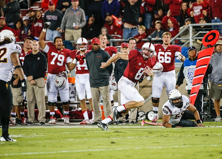 2013StanfordASU-043.JPG - Sept.21, 2013; Stanford, CA, USA; Stanford Cardinal quarterback Kevin Hogan (8) runs during game against the Arizona State Sun Devils at  Stanford Stadium. Stanford defeated Arizona State 42-28.