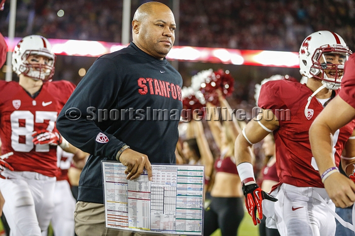 2013-Stanford-Oregon-015.JPG - Nov. 7, 2013; Stanford, CA, USA; Stanford Cardinal head coach David Shaw takes the field for game against the Oregon Ducks at Stanford Stadium. Stanford defeated Oregon 26-20.
