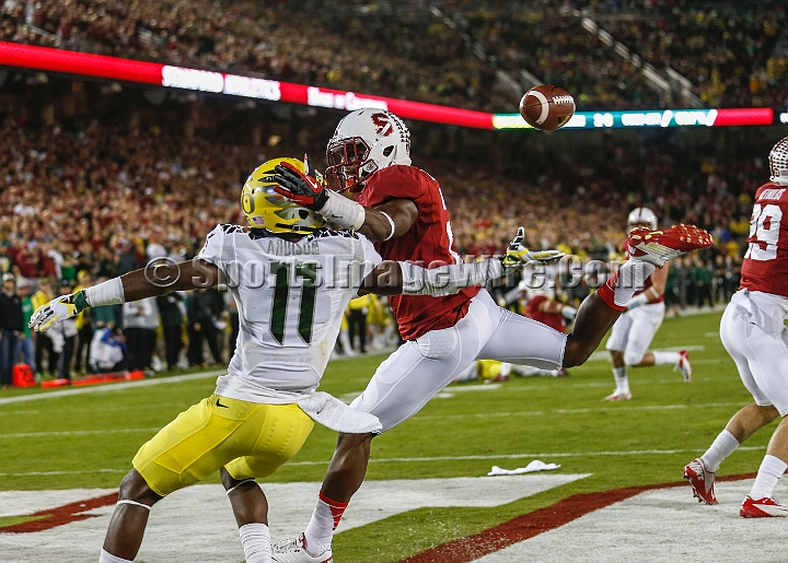 2013-Stanford-Oregon-018.JPG - Nov. 7, 2013; Stanford, CA, USA; Pass intended for Oregon Ducks wide receiver Bralon Addison (11) is broken up against the Stanford Cardinal at Stanford Stadium. Stanford defeated Oregon 26-20.