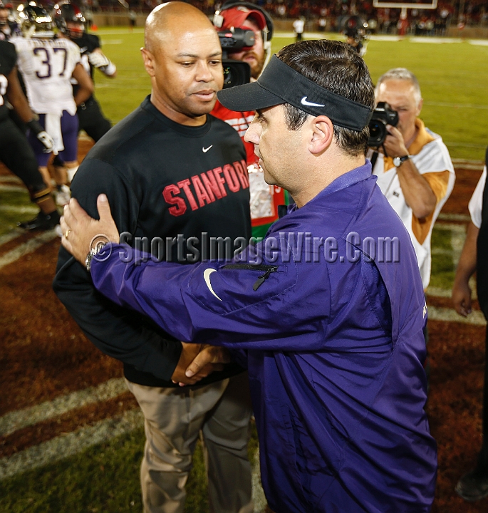 2013Stanford-Wash-013.JPG - Oct. 5, 2013; Stanford, CA, USA; Stanford Cardinal head coach David Shaw (left) Washington Huskies head coach Steve Sarkisian (right) meet after the game at  Stanford Stadium. Stanford defeated Washington 31-28.