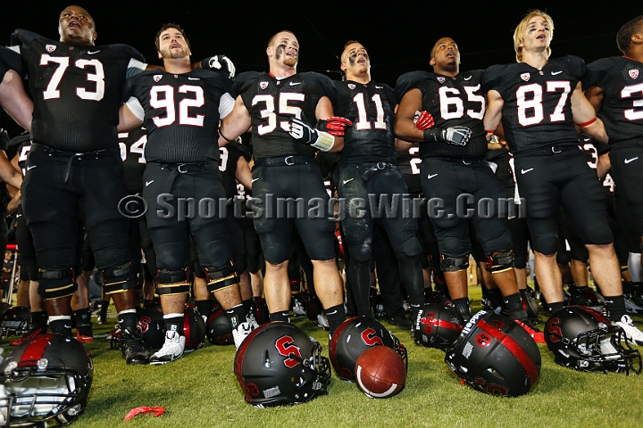 2013Stanford-Wash-014.JPG - Oct. 5, 2013; Stanford, CA, USA; Stanford Cardinal players sing the school fight song after the game against the Washington Huskies at  Stanford Stadium. Stanford defeated Washington 31-28.
