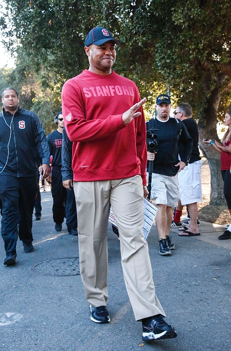 130907-Stanford-SanJose-006.JPG - Sept.7, 2013; Stanford, CA, USA; Stanford Cardinal head coach David Shaw leads the team at rally before game against the San Jose State Spartans at  Stanford Stadium. 