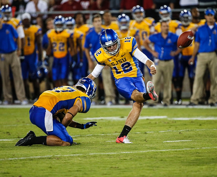 130907-Stanford-SanJose-011.JPG - Sept.7, 2013; Stanford, CA, USA; San Jose State Spartans place kicker Austin Lopez (12) kicks a 22 yard field goal in the second quarter against the Stanford Cardinal at  Stanford Stadium. 