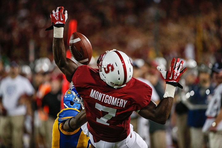 130907-Stanford-SanJose-012.JPG - Sept.7, 2013; Stanford, CA, USA; San Jose State Spartans safety Damon Ogburn Jr. (6) breaks up a pass to Ty Montgomery (7) against the Stanford Cardinal at  Stanford Stadium.