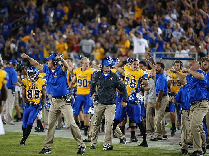 130907-Stanford-SanJose-015.JPG - Sept.7, 2013; Stanford, CA, USA; San Jose State Spartans react following a fumble recovery against the Stanford Cardinal at  Stanford Stadium. Stanford defeated San Jose State 34-13.