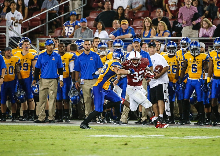 130907-Stanford-SanJose-020.JPG - Sept.7, 2013; Stanford, CA, USA; Stanford Cardinal running back Anthony Wilkerson is run out of bounds by safety Simon Connette (28) against the San Jose State Spartans at  Stanford Stadium. Stanford defeated San Jose State 34-13.