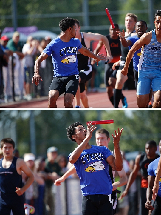 BatonPass.JPG - 2014 North Coast Section Tri-Valley Championships, May 24, Amador Valley High School.