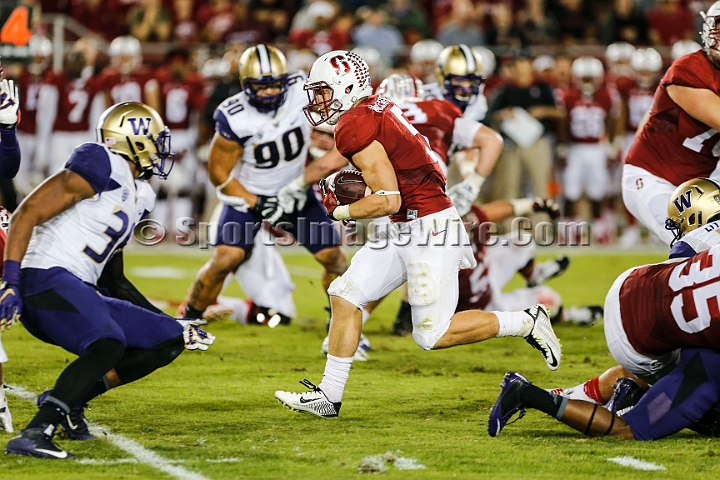 2015StanWash-046.JPG - Oct 24, 2015; Stanford, CA, USA; Stanford Cardinal running back Christian McCaffey (5) runs for 7 yards to open up the second quarter against the Washington Huskies at Stanford Stadium. Stanford beat Washington 31-14.