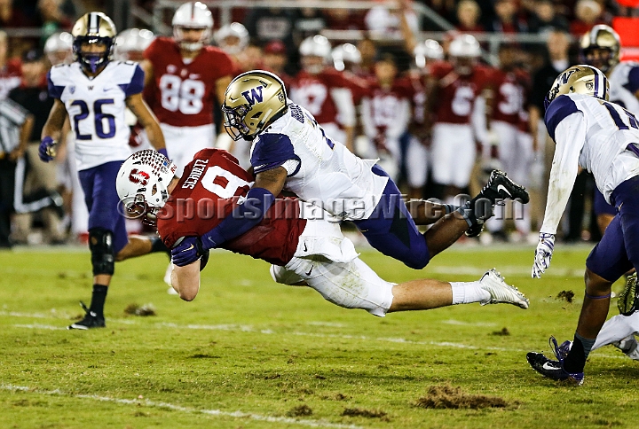 2015StanWash-060.JPG - Oct 24, 2015; Stanford, CA, USA; Stanford Cardinal tight end Dalton Schultz (9) is tackled by Washington Huskies linebacker Keishawn Bierra after a 22 yard reception at Stanford Stadium. Stanford beat Washington 31-14.