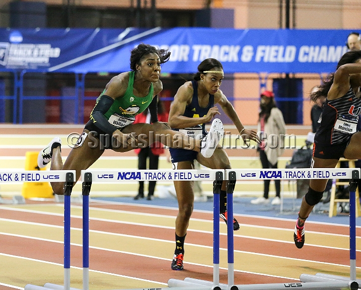2016NCAAIndoorsFri-0080.JPG - Sasha Wallace of Oregon runs the fastest 60m hurdle qualifying time 7.97 seconds during the NCAA Indoor Track & Field Championships Friday, March 11, 2016, in Birmingham, Ala. (Spencer Allen/IOS via AP Images)