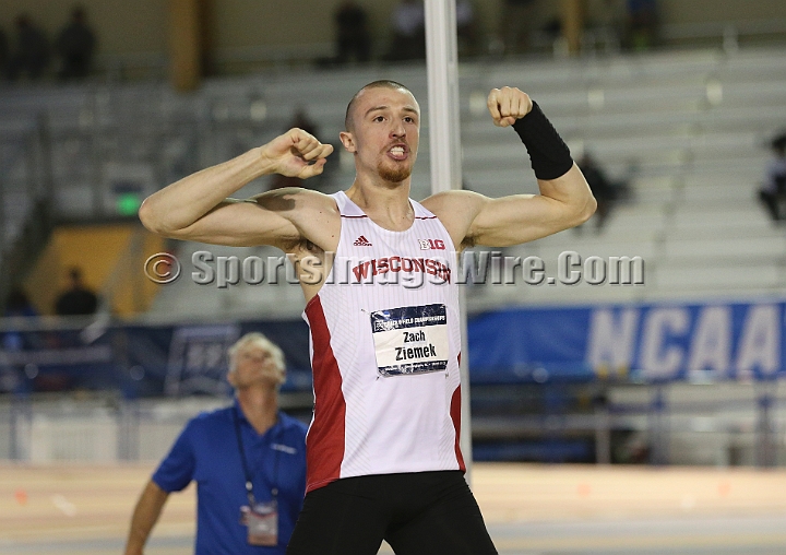 2016NCAAIndoorsSat-0030.JPG - Zack Ziemet of Wisconsin reacts after clearing 17-8 1/2 (5.40) in the heptathlon pole vault. Ziemet won the heptathlon with 6173 points during the NCAA Indoor Track & Field Championships Saturday, March 12, 2016, in Birmingham, Ala. (Spencer Allen/IOS via AP Images)