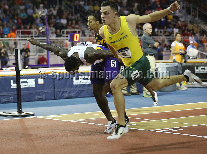 2016NCAAIndoorsSat-0104.JPG - Devon Allen (right) wins the 60m hurdles in 7.56 seconds, edging LSU's Jordan Moore who was DQ'd for a lane violation during the NCAA Indoor Track & Field Championships Saturday, March 12, 2016, in Birmingham, Ala. (Spencer Allen/IOS via AP Images)