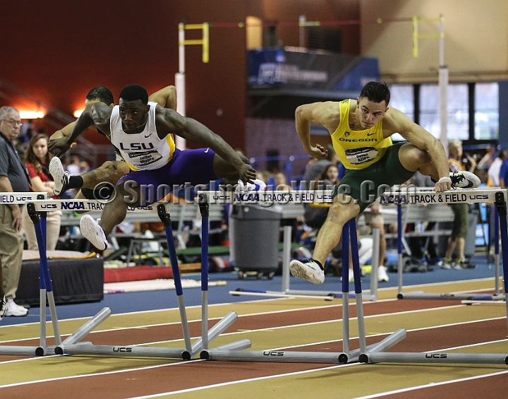 2016NCAAIndoorsSat-0128.JPG - Devon Allen (right) wins the 60m hurdles in 7.56 seconds, edging LSU's Jordan Moore who was DQ'd for a lane violation during the NCAA Indoor Track & Field Championships Saturday, March 12, 2016, in Birmingham, Ala. (Spencer Allen/IOS via AP Images)