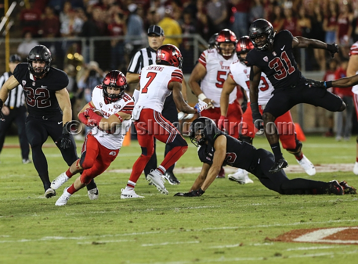 20181006StanfordUtah-022.JPG - Oct. 6, 2018; Stanford, CA.; Utah wide receiver Britain Covey (18) catches a 19-yard pass during an NCAA football game between the Stanford Cardinal and the Utah Utes at Stanford Stadium. Utah defeated Stanford 40-21. 