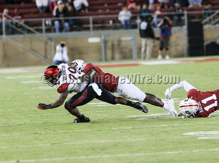 20180831SanDiegoatStanford-16.JPG - San Diego State running back Juwan Washington (29) catches a third quarter pass during an NCAA football game against the Stanford Cardinal in Stanford, Calif. on Friday, August 31, 2017. Stanford defeated San Diego State 31-10.